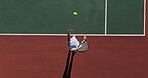 Ball, serve and person on outdoor tennis court with challenge, performance and action game from above. Racket, hit and professional athlete with fitness, wellness and competition at sports club