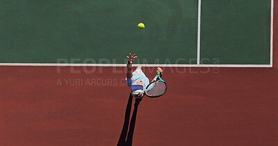 Buy stock photo Ball, serve and person on outdoor tennis court with challenge, performance and action game from above. Racket, hit and professional athlete with fitness, wellness and competition at sports club
