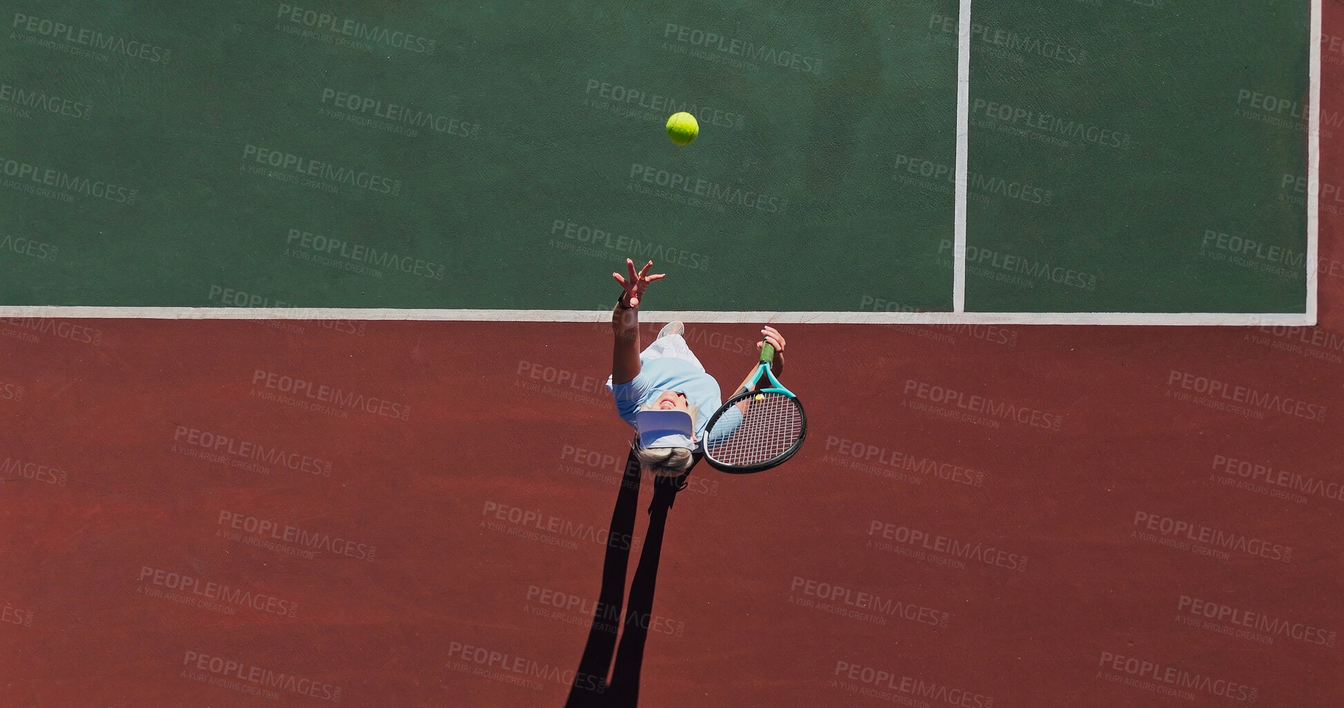 Buy stock photo Ball, serve and person on outdoor tennis court with challenge, performance and action game from above. Racket, hit and professional athlete with fitness, wellness and competition at sports club