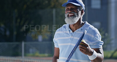 Buy stock photo Tennis, serve and smile with senior black man on court for sports tournament, competition and game. Training, exercise and championship with elderly person in outdoors for athlete, fitness and event