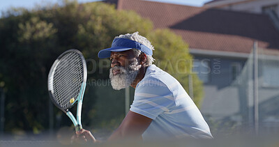 Buy stock photo Tennis, serve and training with senior black man on court for sports tournament, competition and game. Start, exercise and championship with elderly person in outdoors for athlete, fitness and event