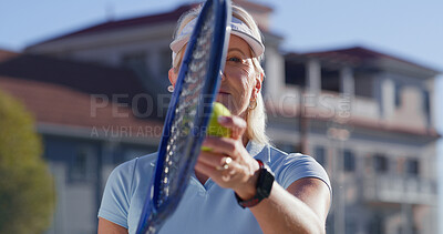 Buy stock photo Tennis ball, fitness and woman on court ready for match serve, game or competition. Confidence, sports racket and mature athlete for training, workout and outdoor weekend hobby for health or wellness