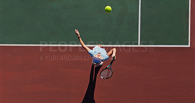 Buy stock photo Ball, serve and woman on tennis court with game, action performance and outdoor challenge from above. Racket, hit and professional athlete with fitness, wellness and competition at summer sports club