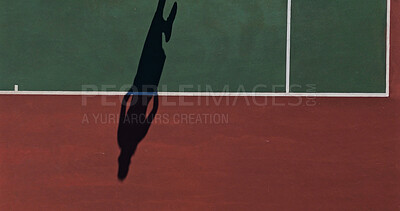 Buy stock photo Shadow, tennis court and player with training for match, challenge or championship with sports. Fitness, practice and silhouette athlete on field for outdoor workout, game or exercise at competition.