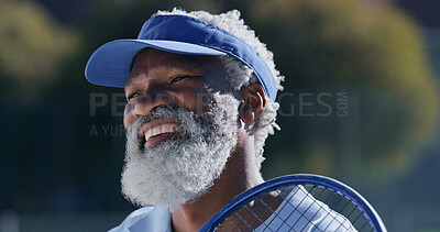Buy stock photo Black man, senior and tennis player with smile, thinking and outdoor for sport and fitness. Confidence, racket and court for game and training session for wellness, care and health with workout