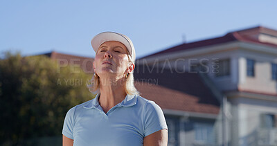 Buy stock photo Relax, outdoor and mature woman with breathing, break and thinking on tennis player. Calm, morning and fitness of a female person from France with summer, sunshine and backyard on weekend with sport