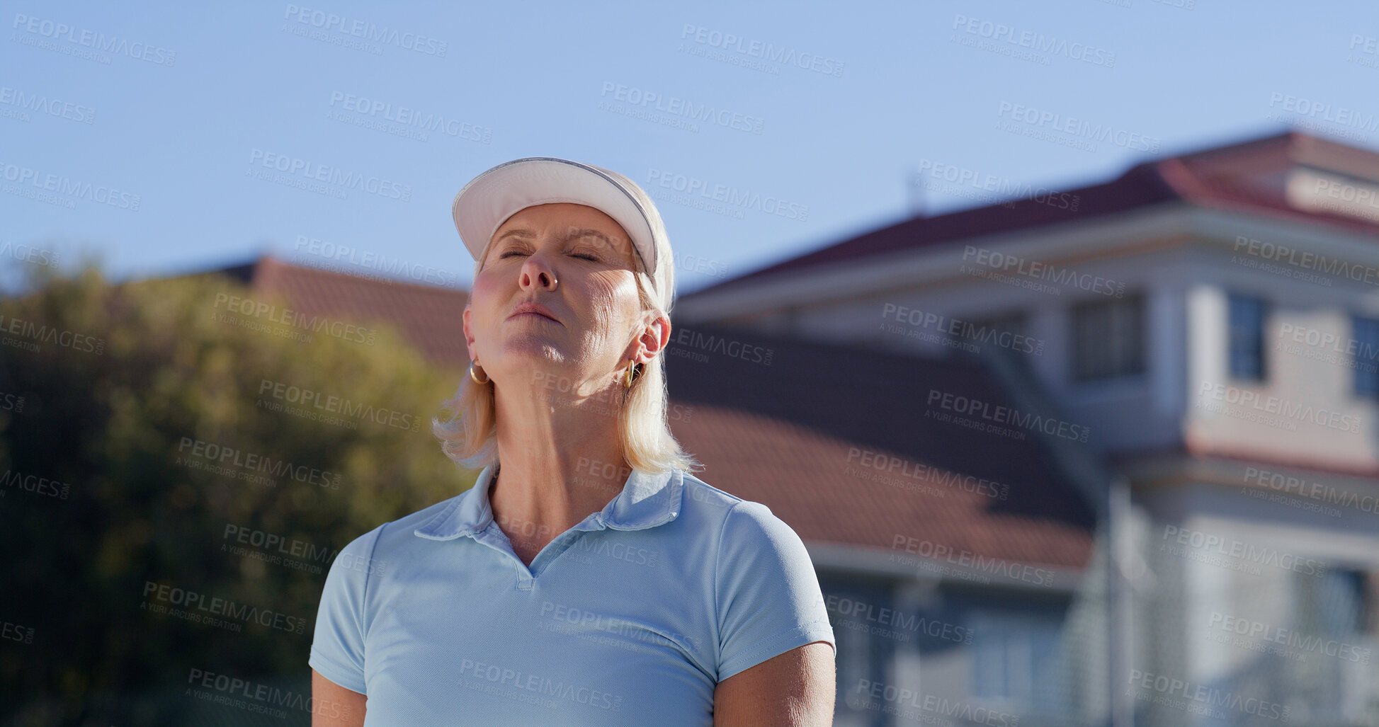 Buy stock photo Relax, outdoor and mature woman with breathing, break and thinking on tennis player. Calm, morning and fitness of a female person from France with summer, sunshine and backyard on weekend with sport