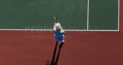 Buy stock photo Ball, serve and person on tennis court with game, performance and outdoor challenge from above. Racket, hit and professional athlete at lines with fitness, wellness and competition at sports club