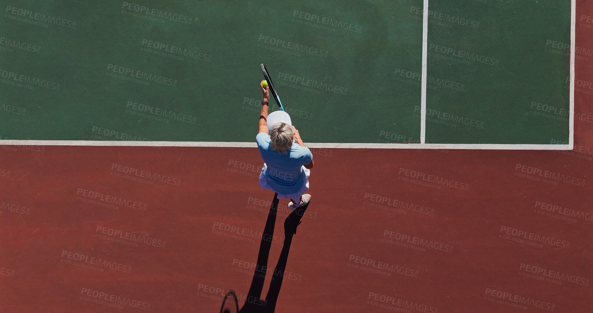 Buy stock photo Ball, serve and person on tennis court with game, performance and outdoor challenge from above. Racket, hit and professional athlete at lines with fitness, wellness and competition at sports club