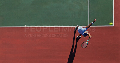 Buy stock photo Tennis, serve and man on outdoor court with challenge, performance and action game from above. Racket, ball and professional athlete at lines for fitness, wellness and competition at sports club