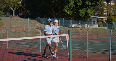 Buy stock photo Tennis court, friends and people prepare for fitness, game or competition. Workout, sports racket and mature athlete man with woman for training, match or outdoor weekend hobby for health or wellness