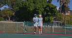 Tennis court, friends and people ready for match, game or competition. Fitness, sports racket and mature athlete man with woman for training, workout and outdoor weekend hobby for health and wellness