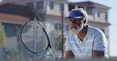 Buy stock photo Tennis, serve and match with senior black man on court for sports tournament, competition and game. Training, exercise and championship with elderly person in outdoors for athlete, fitness and event