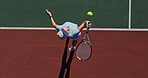 Tennis, serve and woman on outdoor court with challenge, performance and action game from above. Racket, ball and professional athlete at lines for fitness, wellness and competition at sports club