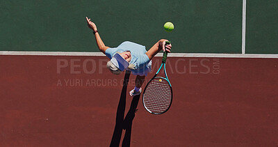 Buy stock photo Tennis, serve and woman on outdoor court with challenge, performance and action game from above. Racket, ball and professional athlete at lines for fitness, wellness and competition at sports club