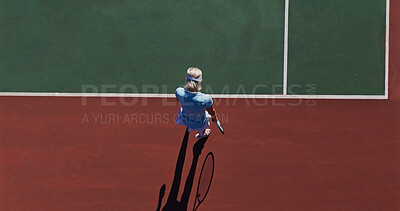 Buy stock photo Start, serve and person on outdoor tennis court with challenge, performance and game from above. Racket, ball and professional athlete at lines for fitness, wellness and competition at sports club