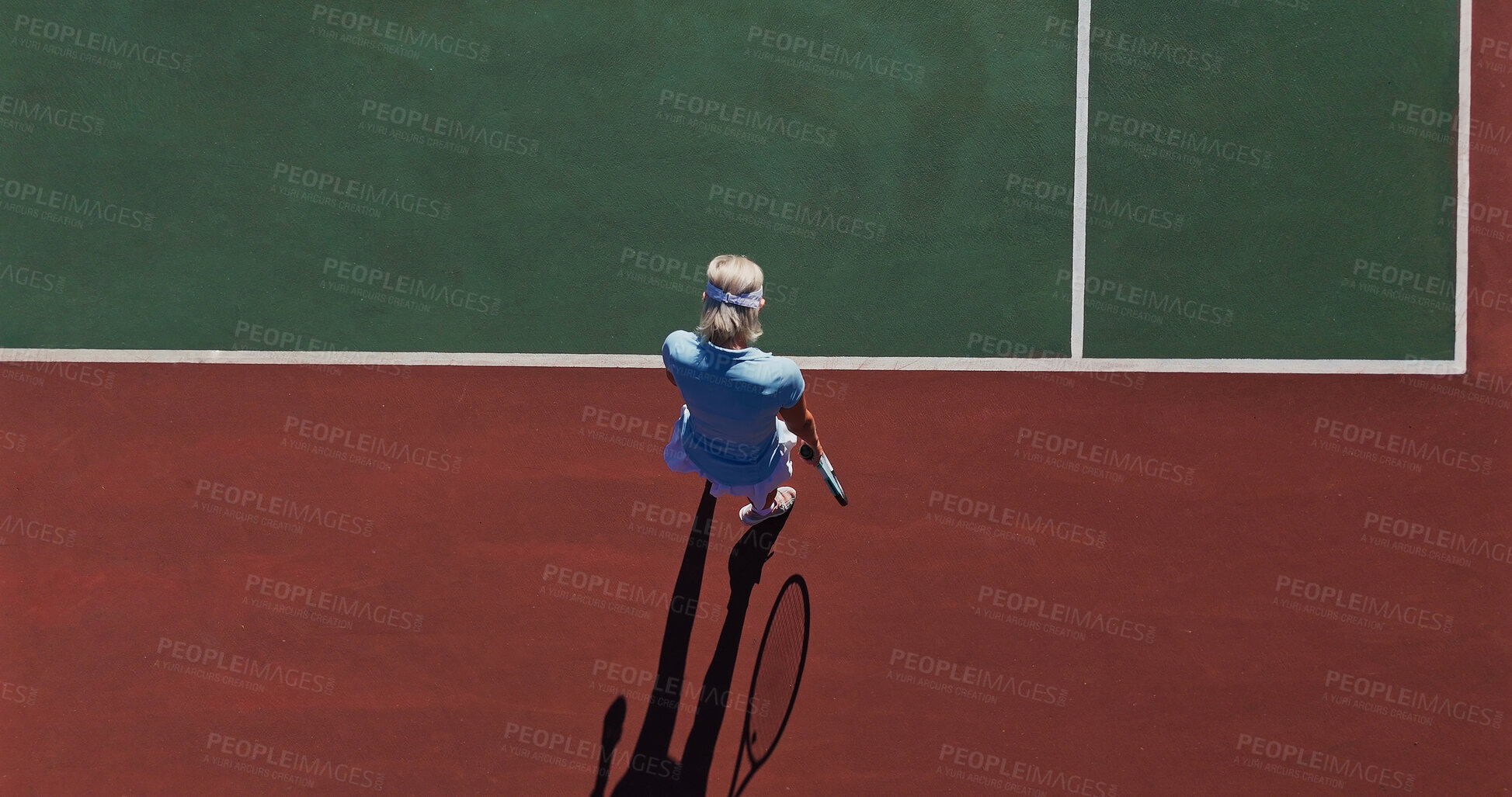 Buy stock photo Start, serve and person on outdoor tennis court with challenge, performance and game from above. Racket, ball and professional athlete at lines for fitness, wellness and competition at sports club
