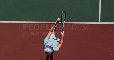 Buy stock photo Tennis, serve and mature woman on court with challenge, performance and outdoor game from above. Racket, ball and professional athlete at lines for fitness, wellness and competition at sports club