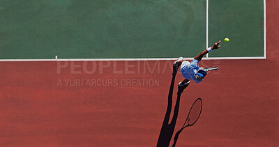 Buy stock photo Ball, serve and mature man on tennis court with game, action performance and outdoor challenge from above. Racket, hit and professional athlete with fitness, wellness and competition at sports club