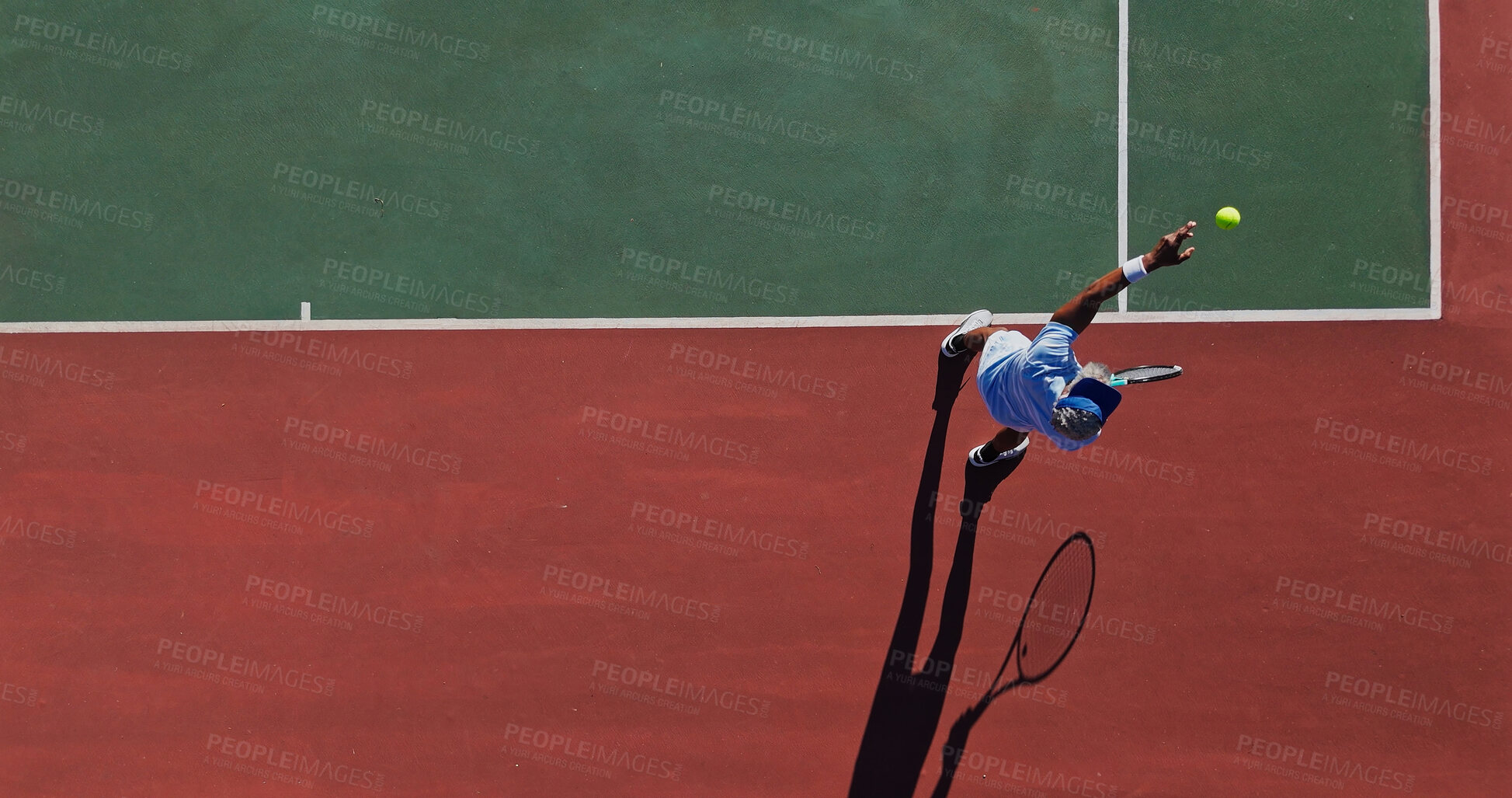 Buy stock photo Ball, serve and mature man on tennis court with game, action performance and outdoor challenge from above. Racket, hit and professional athlete with fitness, wellness and competition at sports club