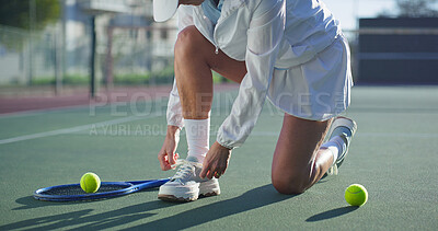 Buy stock photo Exercise, shoes and tie with person on tennis court for start of game, practice or training. Fitness, getting ready and laces with hands of athlete outdoor at competition venue for sports tournament