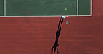 Tennis, serve and person on outdoor court with challenge, performance and action game from above. Racket, ball and professional athlete at lines for fitness, wellness and competition at sports club
