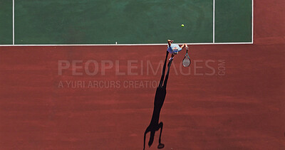 Buy stock photo Tennis, serve and person on outdoor court with challenge, performance and action game from above. Racket, ball and professional athlete at lines for fitness, wellness and competition at sports club