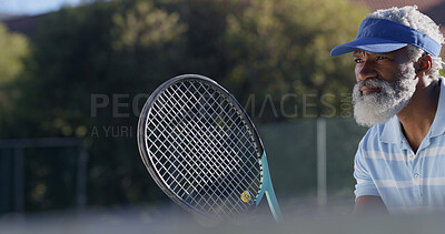 Buy stock photo Tennis, serve and event with senior black man on court for sports tournament, competition and game. Training, exercise and championship with elderly person in outdoors for athlete, fitness and start