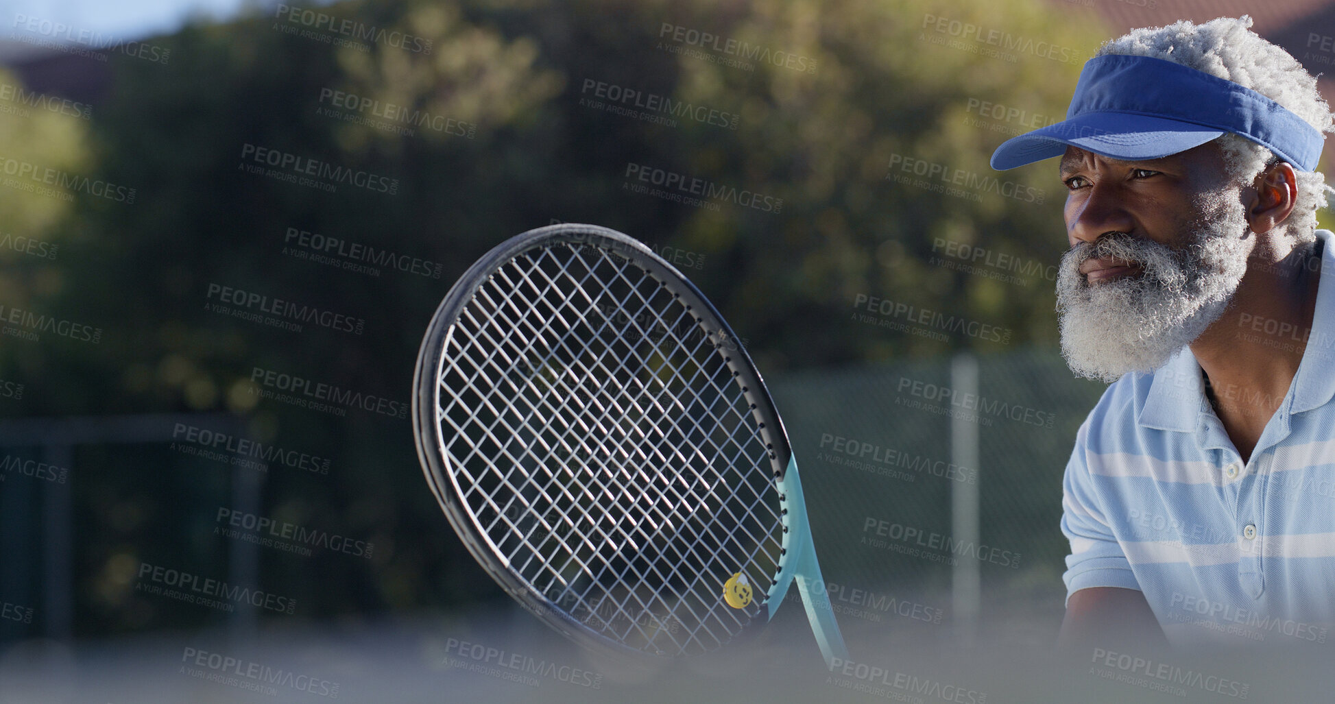Buy stock photo Tennis, serve and event with senior black man on court for sports tournament, competition and game. Training, exercise and championship with elderly person in outdoors for athlete, fitness and start