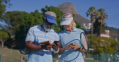 Buy stock photo Laugh, phone and tennis with couple on court together for bonding, hobby or outdoor sports. App, exercise or mature with interracial man and woman at venue for fitness, leisure or love in summer