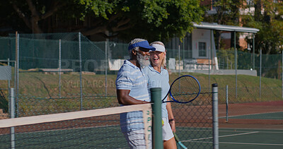 Buy stock photo Tennis court, friends and smile of people ready for match, game or competition. Fitness, racket and interracial mature athlete for training, workout and outdoor weekend hobby for health and wellness