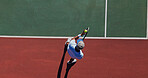Ball, serve and man on tennis court with game, action performance and professional outdoor challenge from above. Racket, hit and mature athlete with fitness, wellness and competition at sports club