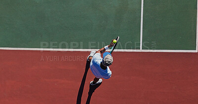 Buy stock photo Ball, serve and man on tennis court with game, action performance and professional outdoor challenge from above. Racket, hit and mature athlete with fitness, wellness and competition at sports club