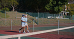 Tennis court, friends and people prepare for workout, game or competition. Fitness, sports racket and mature athlete man with woman for training, match or outdoor weekend hobby for health or wellness