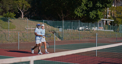 Buy stock photo Tennis court, friends and people prepare for workout, game or competition. Fitness, sports racket and mature athlete man with woman for training, match or outdoor weekend hobby for health or wellness