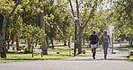 Fitness, elderly couple and running in park for training, cardio exercise and wellness in retirement. Senior people, smile or outdoor space for workout with support, motivation or friends with energy