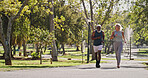 Fitness, elderly couple and running in park for wellness, cardio exercise and training in retirement. Senior people, smile or outdoor space for workout with support, motivation or friends with energy