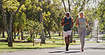 Fitness, elderly couple and running outdoor for training, cardio exercise and wellness in retirement. Senior people, smile and workout at park space with support, determination or friends with energy