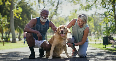 Buy stock photo Park, couple and happy with dog for walking or fitness with bonding, support and care. Outdoor, mature people and smile in  interracial relationship with pet for adoption with exercise and workout