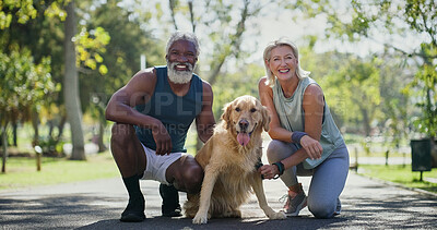 Buy stock photo Senior couple, portrait and dog in park with smile, love and care with runner workout and marathon training. Outdoor, health and interracial relationship with pet, animal and golden retriever