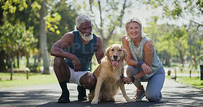 Buy stock photo Park, couple and smile on portrait with dog for walking with self care, support and fitness. Mature people, interracial relationship and happy outdoor with pet or animal for health and exercise