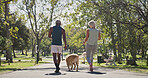 Park, couple and walking with dog for fitness together as exercise, workout and health as lovers. Outdoor, back and mature people in relationship with pet or animal for support, care and bonding