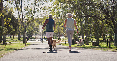 Buy stock photo Park, couple and walking with dog for fitness, exercise and workout in England. Mature people, back and smile outdoor with jog as pet owner or animal with adoption, support and self care for bonding