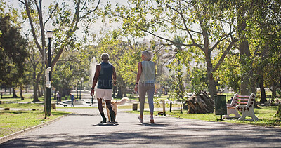 Buy stock photo Senior couple, back and dog park with walking, love and care with workout and marathon training. Outdoor, health and people with pet, animal and golden retriever on path together in the morning