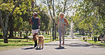 Park, couple and smile for running with dog for fitness, exercise and workout for health as lovers. Outdoor, back and mature people in relationship with pet or animal for support, care and bonding