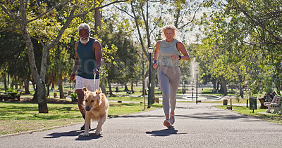 Buy stock photo Senior couple, running and dog in park with smile, love and care with runner workout and marathon training. Outdoor, health and interracial relationship with pet, animal and golden retriever