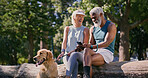 Mature couple, dog and park with phone and laugh with social media and pet outdoor. Morning, love and care of interracial relationship with animal, fitness break and tech with golden retriever