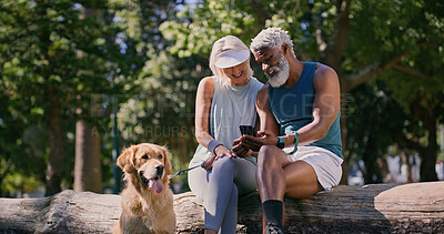Buy stock photo Mature couple, dog and park with phone text in retirement with social media and pet. Morning, love and care of interracial relationship with animal, fitness break and tech with golden retriever