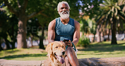 Buy stock photo Dog walking, phone and thinking with black man in park for cardio exercise, fitness or health hobby. Break, obedience training and pet performance with mature animal owner in nature for workout