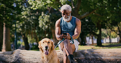 Buy stock photo Dog walking, phone and smile with black man in park for cardio exercise, fitness or health hobby. Leash training, obedience and pet performance with mature animal owner in nature for workout break